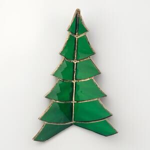 Vintage Stained Glass Christmas Holiday Tree Free Standing 3 Sided 8" Green Gold